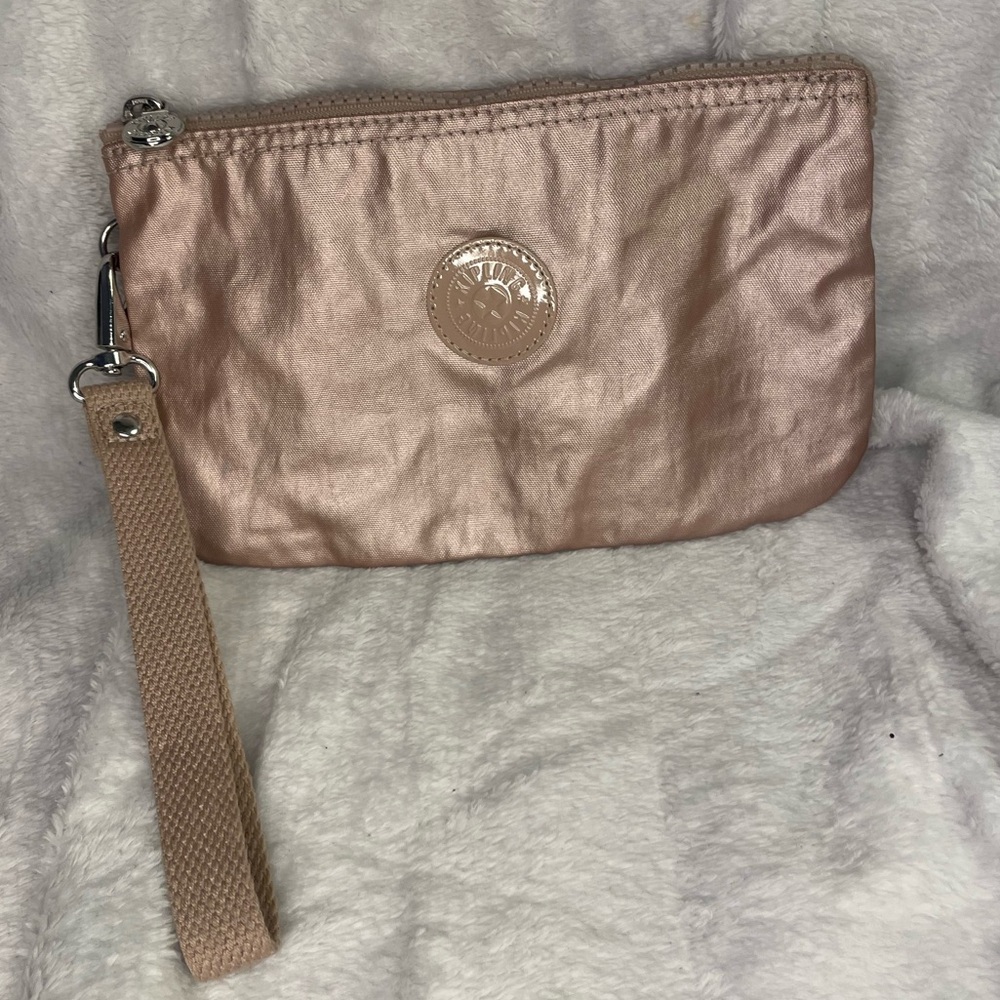 Kipling Pink Wristlet with Shimmery Finish and Zipper Closure EUC